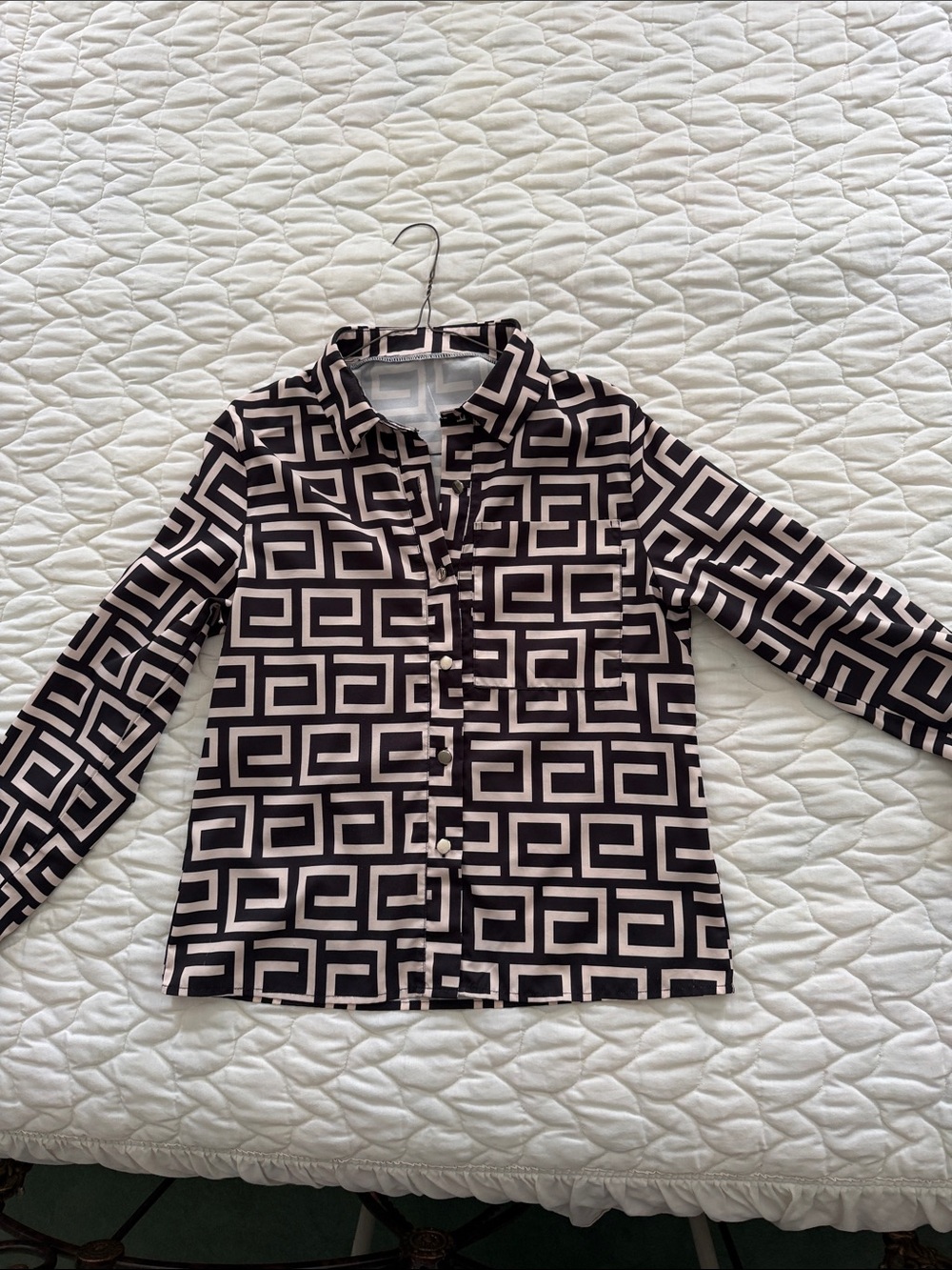 Geometric Print Button-Up Shirt in Black and Cream